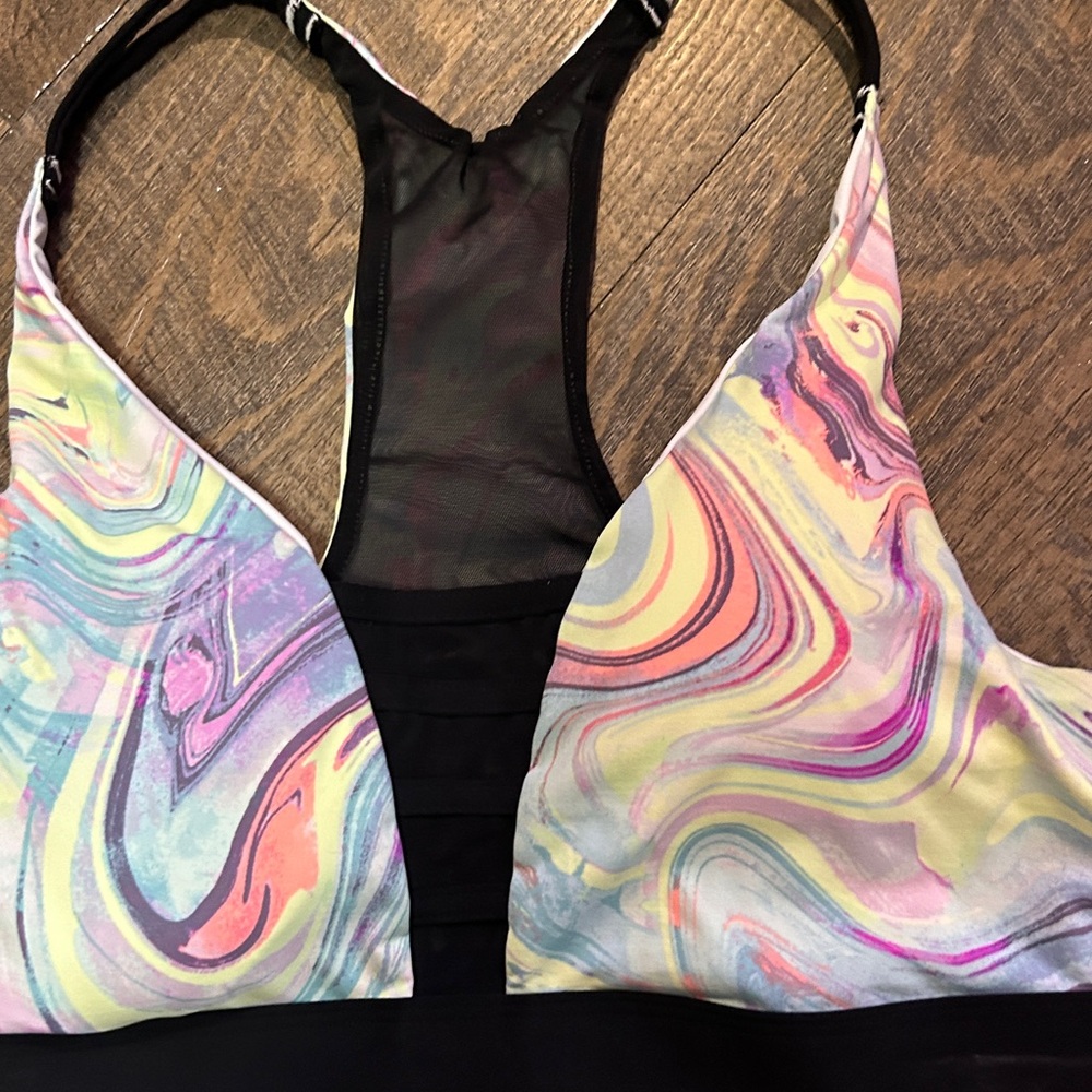 PINK Victoria's Secret Pastel Marble Racerback Bralette Black Trim Tie Dye Small - Picture 2 of 7